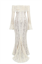 Leila Elevated Off Shoulder Floral Lace Flared Sleeve Fishtail Maxi Dress White Occasion Wear
