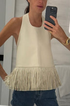 Stylish Halter Neck Sleeveless Leather Tassel Loose Top
