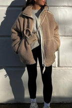 Stand-up collar zip-up lamb wool oversized coat