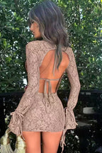 Solid Tie Lace Long Sleeve Skirt Two Piece Set