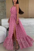 Gloria Embroidery Flowers Elastic Waist Halter Backless Slit Maxi Dress