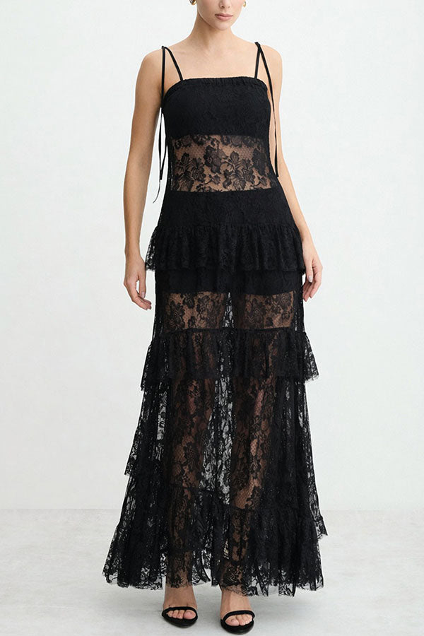 Abigail Floral LaceTiered Ruffles Tie-up Shoulder A-line Maxi Dress