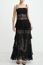 Abigail Floral LaceTiered Ruffles Tie-up Shoulder A-line Maxi Dress