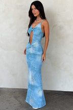 Printed Hollow Twist V Neck Vacation Dress