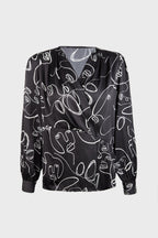 Black Abstract Face Print Surplice Shirt