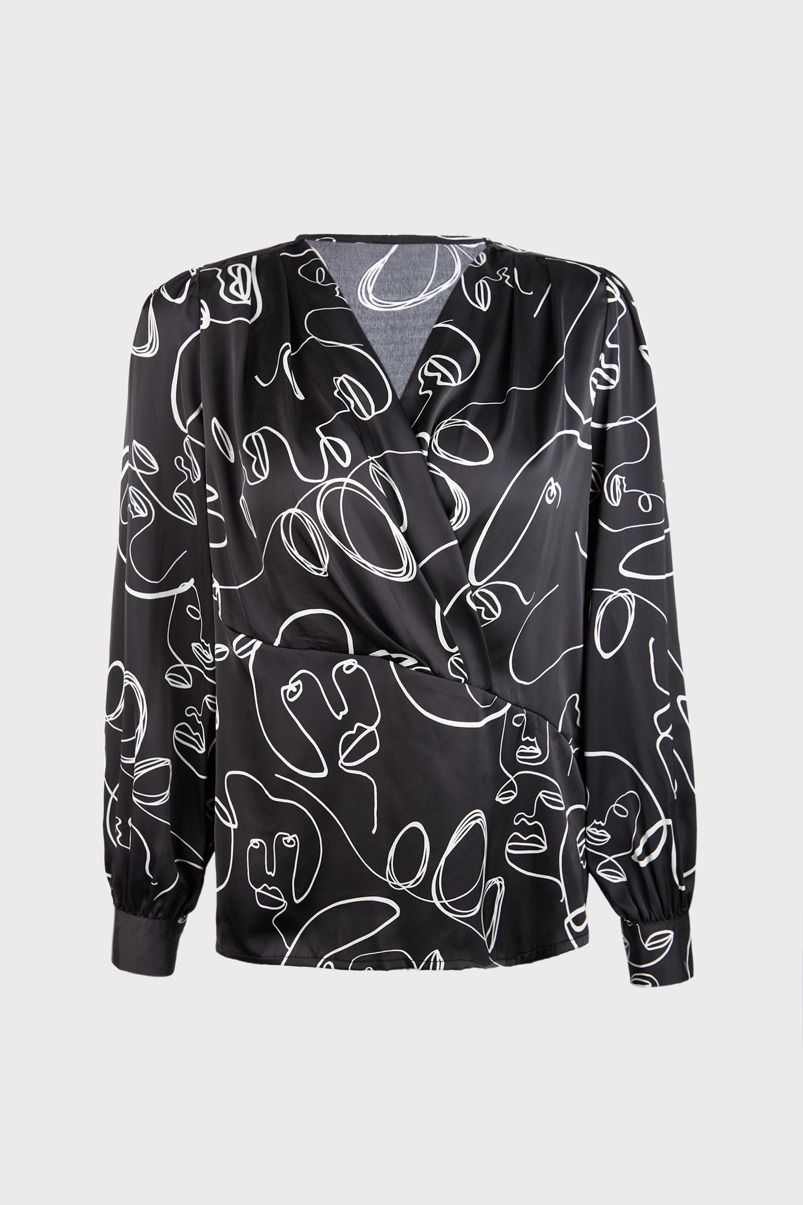 Black Abstract Face Print Surplice Shirt