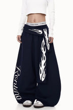 Vintage Flame Print Detachable Tie Curved Sweat Pants