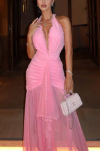 Elegant V-neck Sleeveless Pleated Ribbon Mesh Hem Maxi Dress