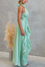 Coral Textured Metallic Chiffon Material High Tie Neck Ruffles Maxi Dress