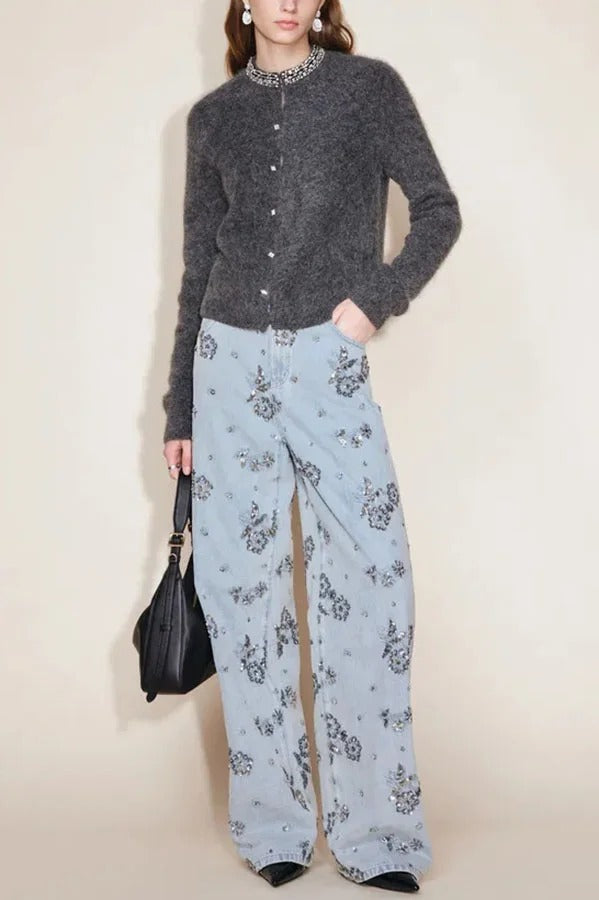Jhenie Denim Beaded Sequin Floral Pattern Mid Rise Pocket Wide Leg Jeans