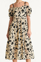 Beige Off-the-Shoulder Velvet Floral Midi Dress