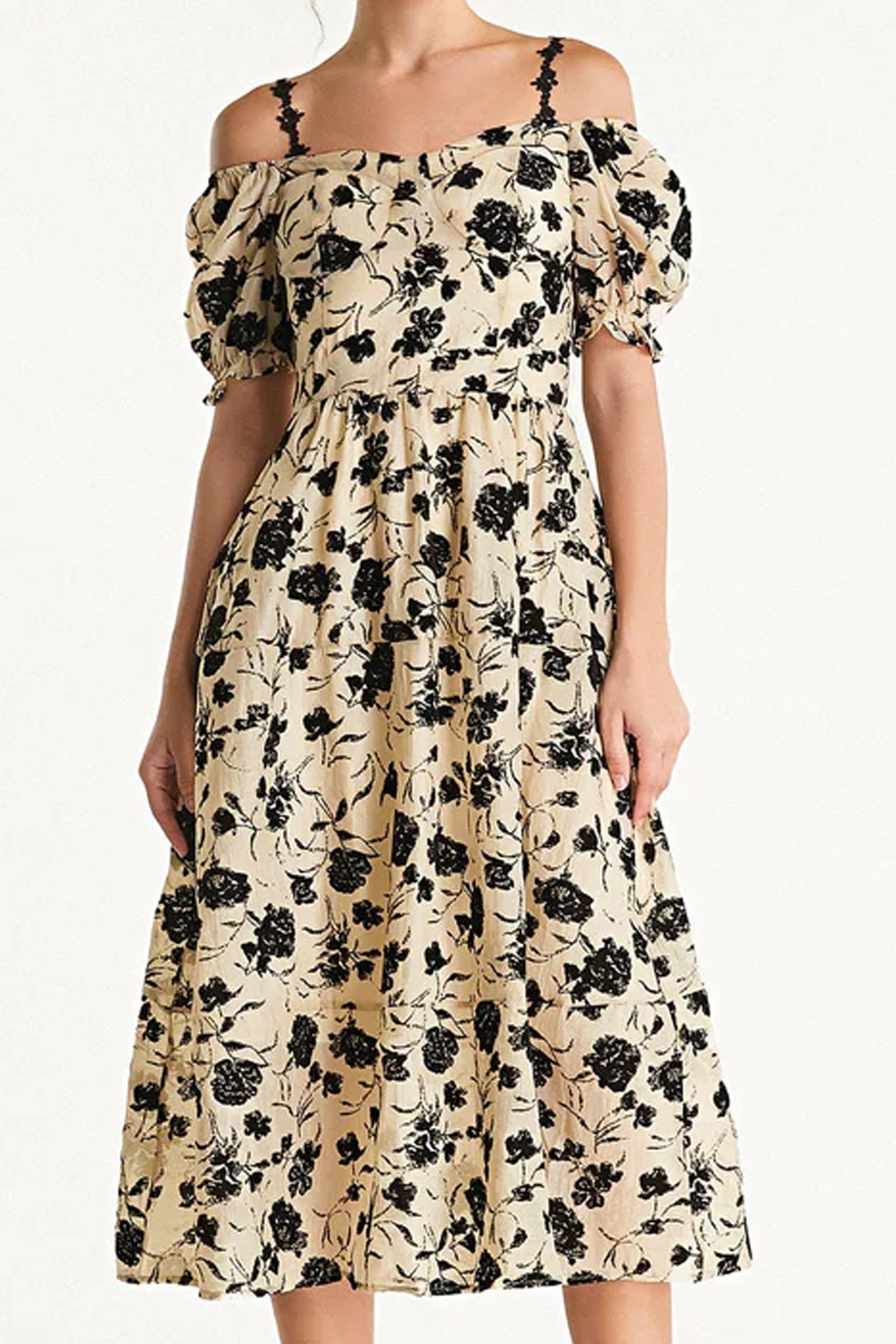 Beige Off-the-Shoulder Velvet Floral Midi Dress