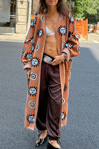 Mediterranean Art Knit Unique Sun Vortex Print Bell Sleeve Long Cardigan