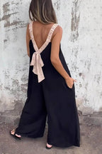 Unique Two-Color Patchwork Open Back Loose Pocket Jumpsuit