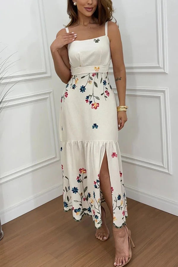 Vanie Linen Blend Floral Print Cutout Waist Back Smocked Slit Maxi Dress