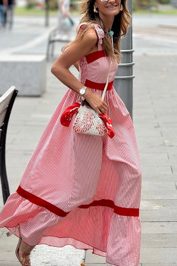 Stella Effortless Red and White Vertical Striped Long Dress with Bow Straps Premium Wardrobe Essential