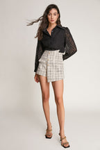 Black Pointed Collar Textured Mesh Shirt