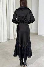 Solid Color Silk Satin and Lace Spliced elegant Maxi Skirt