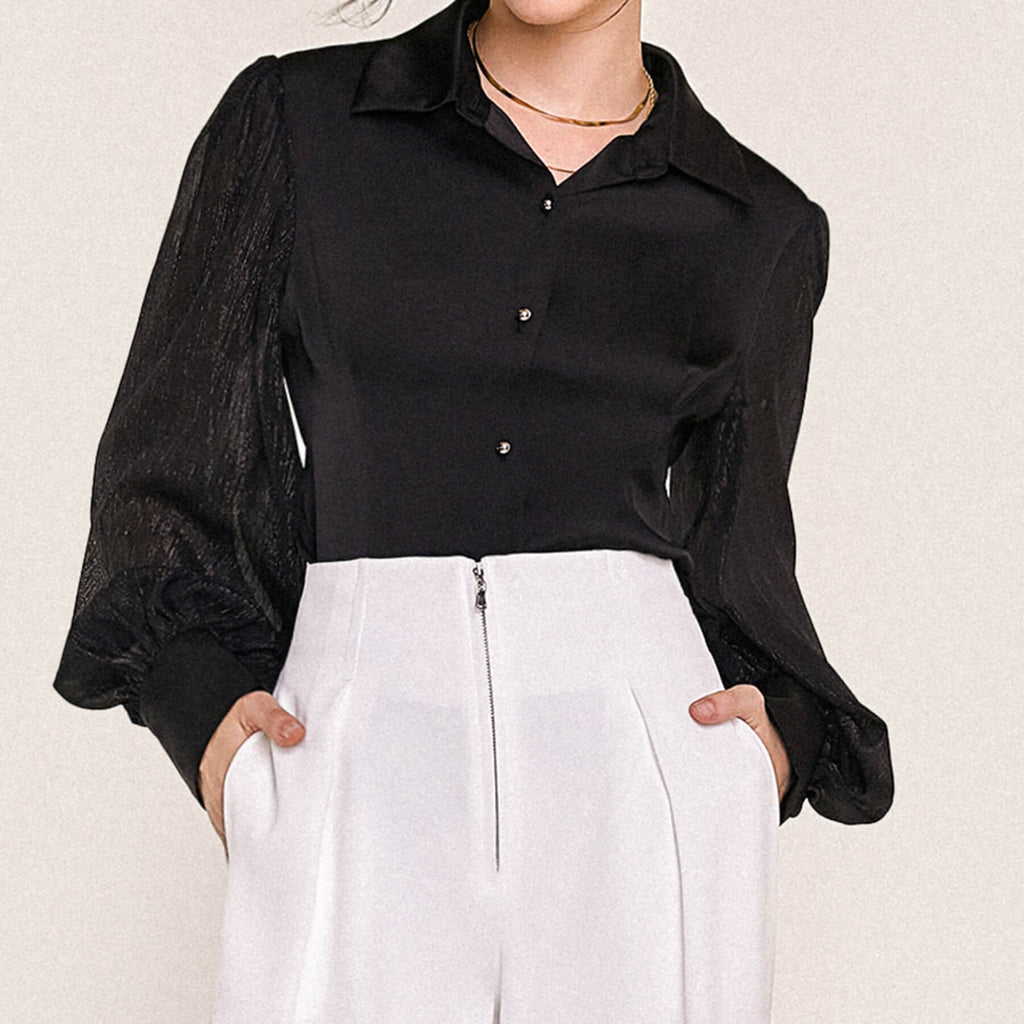Black Button-Up Balloon Sleeve Satin Shirt