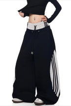 Double Waist Drawstring Stripe Pants