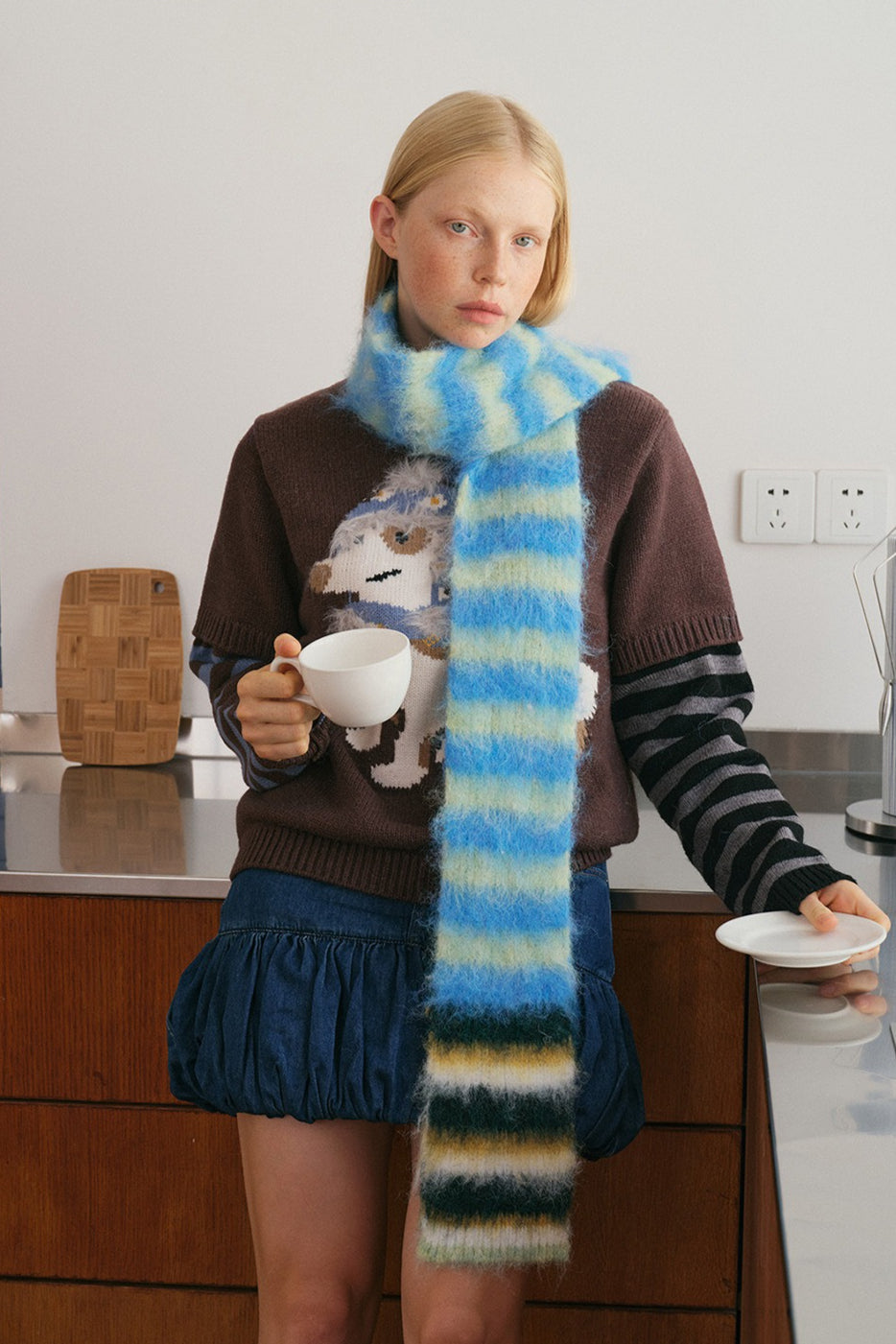 Contrast Striped Narrow Soft Wool Blend Knitted Scarf