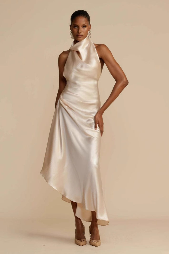 Elegant Solid Long Sleeve VNeck Satin Lurex Formal Dress