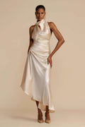 Elegant Solid Long Sleeve VNeck Satin Lurex Formal Dress