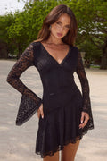 V Neck Bell Sleeve Pleated Mini Lace Dress