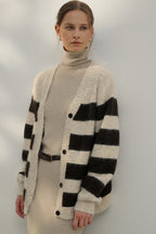 Oversized Stripe Color Block V Neck Knit Cardigan