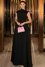 Solid Sleeveless Ruched Waist Elegant Dress