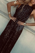 Twas The Night Sequin Round Neck Sleeveless Drape Loose Maxi Dress