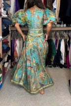 Retro V-neck Puff Sleeve Floral Print Midi Dress