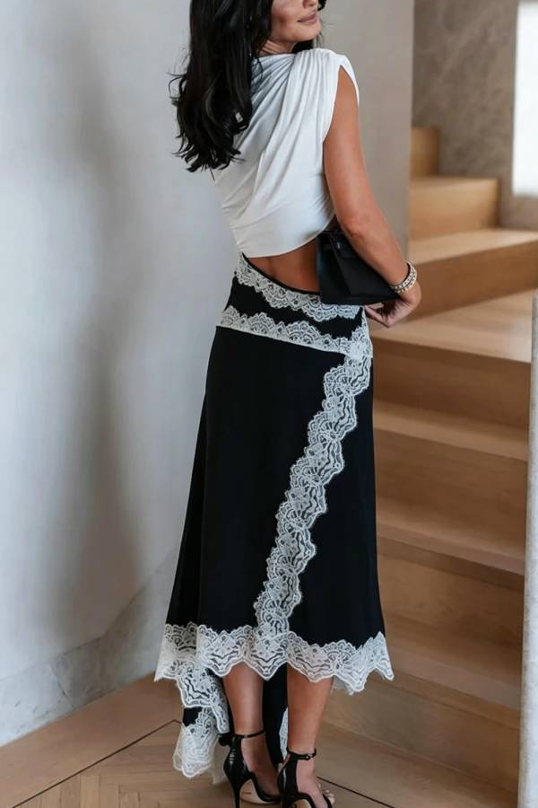 Verve Twisted Drape Across Tee Chiffon Lace Trim Hem Maxi Dress