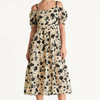 Beige Off-the-Shoulder Velvet Floral Midi Dress
