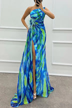 Renee Exclusive Amazing Views Off Shoulder Pleated Slit Maxi Dress with Feather Rose Detail in Watercolor Print Chic Silhouette Collection