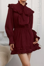 Elegant Bow Tie Lace Up Long Sleeve A Line Mini Dress