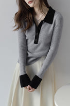 Polo Collar Contrast Cuff Knit Top