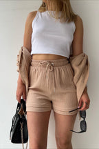 Textured Lapel Long Sleeve Top High Waist Shorts Set