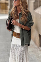 Khaki Green Denim Overshirt with Pink Crochet Mandala