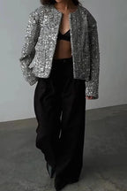 Solid Crew Neck Sequin Tweed Jacket