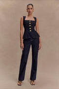 Button Front High Waist Denim Two Piece Vest Pants Set