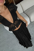 Sexy Sheer Lace Chiffon Tie Top Maxi Skirt Set