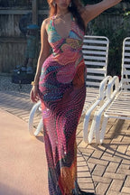 Fashionable Colorful Printed Sleeveless Halter Neck Slim-fit Maxi Dress