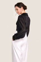 Black Button-Up Balloon Sleeve Satin Shirt