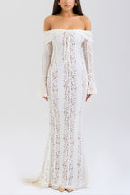 Leila Elevated Off Shoulder Floral Lace Flared Sleeve Fishtail Maxi Dress White Occasion Wear