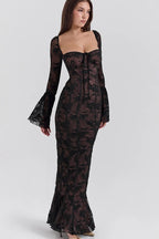 Sexy Square Collar Long Sleeve Maxi Dress