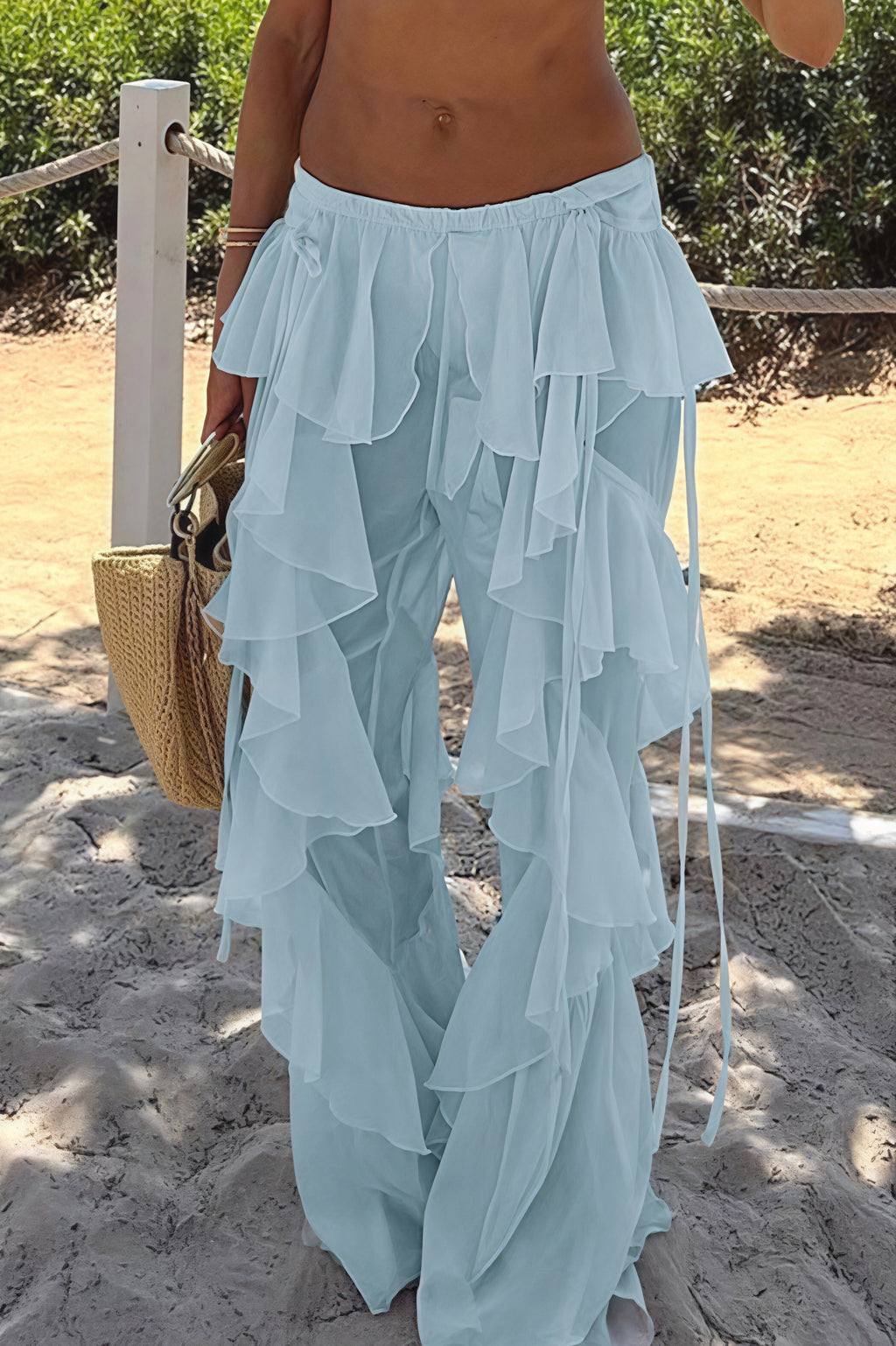 Lace Up Spliced Ruffle Flare Pants