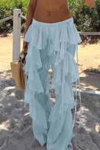 Lace Up Spliced Ruffle Flare Pants