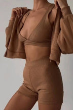 Daily Casual Zip-up Shirt and Shorts Three-piece Set