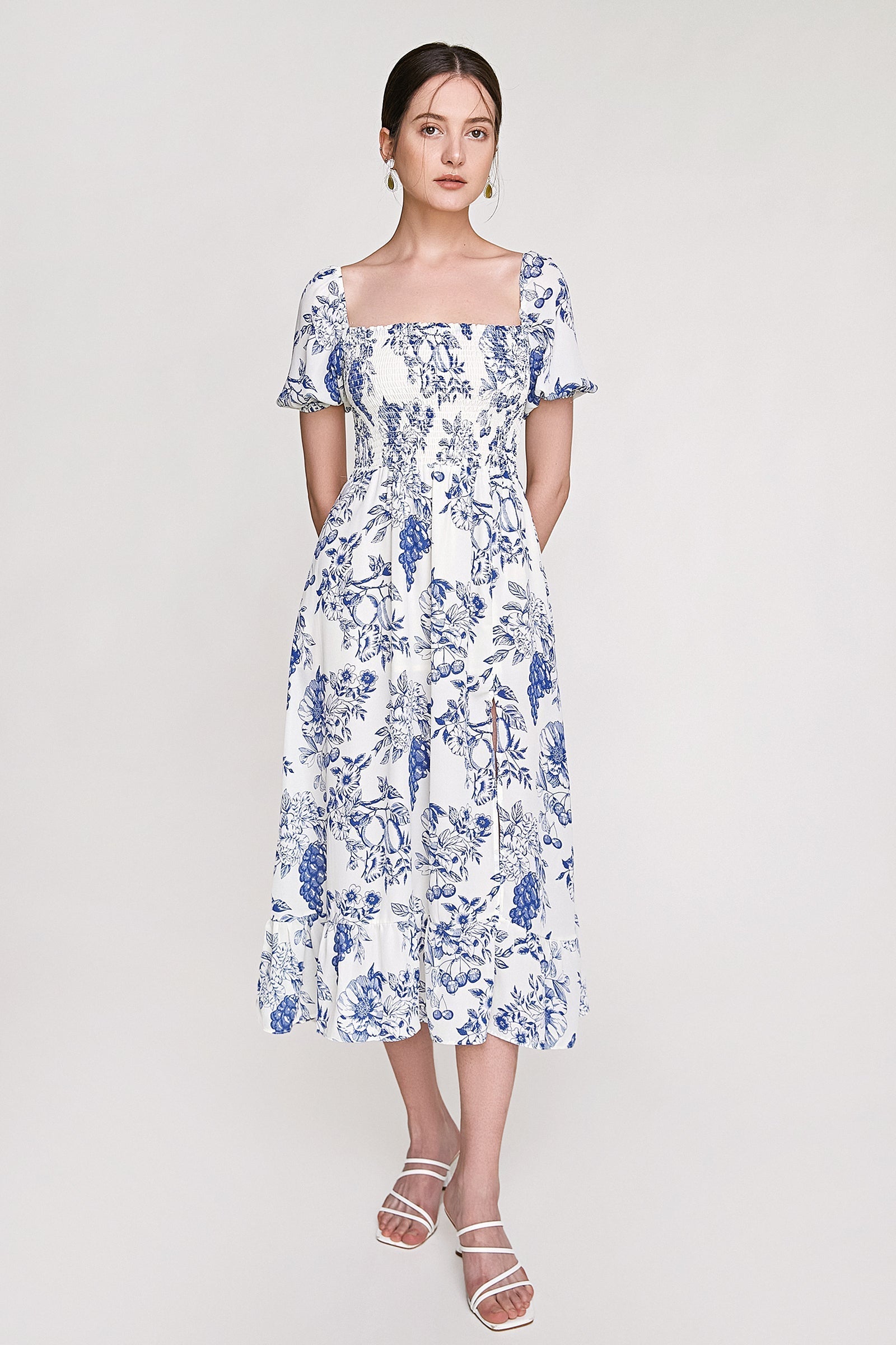 Blue Fruit Print Smocked Puff Sleeve Maxi Dress